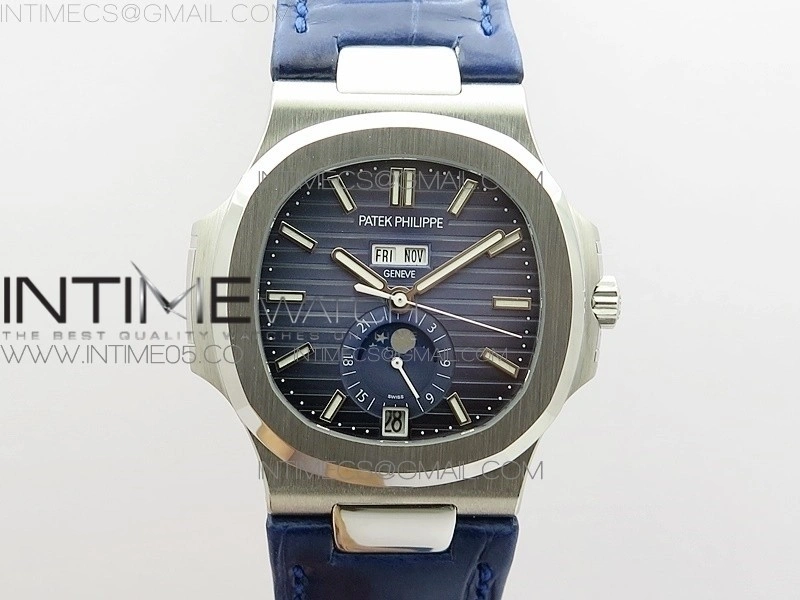 NAUTILUS 5726 SS GRF 1:1 BEST EDITION BLUE DIAL WORKING ANNUAL CALENDARON BLUE LEATHER STARP A.324 V2